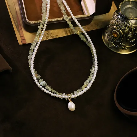 Natural Freshwater Pearl Prehnite Double Layer Necklace For Women French Vintage Water Drop Pendant Choker Light Luxury Jewelry