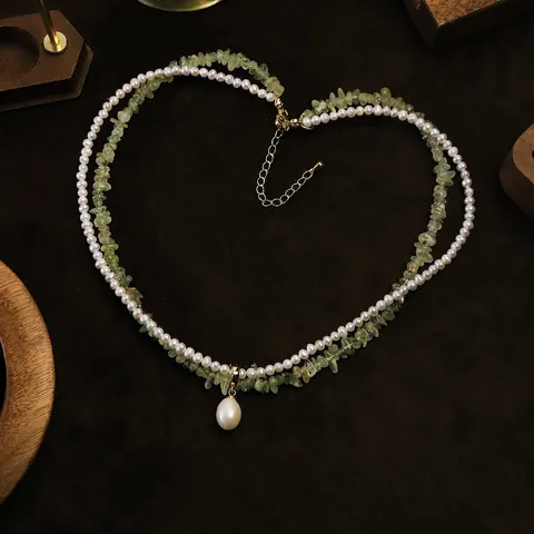 Natural Freshwater Pearl Prehnite Double Layer Necklace For Women French Vintage Water Drop Pendant Choker Light Luxury Jewelry