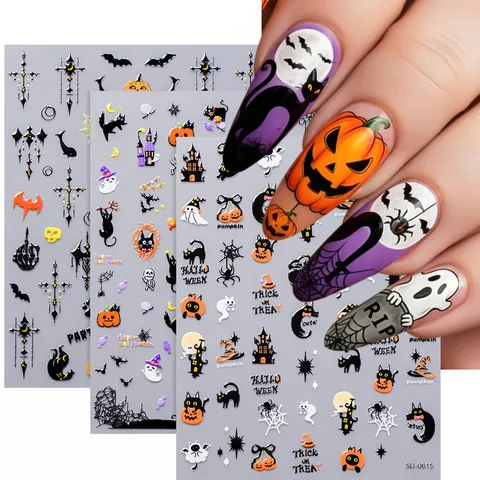 Pegatinas de Uñas 5D con Relieve para Halloween Murciélago Esqueleto Telaraña Calabaza Fantasma Calcomanías de Uñas Impermeables para Mujeres Niños Fiesta Decoración