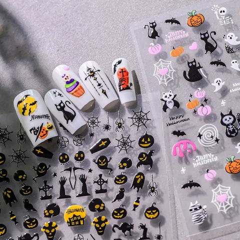 Pegatinas de Uñas 5D con Relieve para Halloween Murciélago Esqueleto Telaraña Calabaza Fantasma Calcomanías de Uñas Impermeables para Mujeres Niños Fiesta Decoración