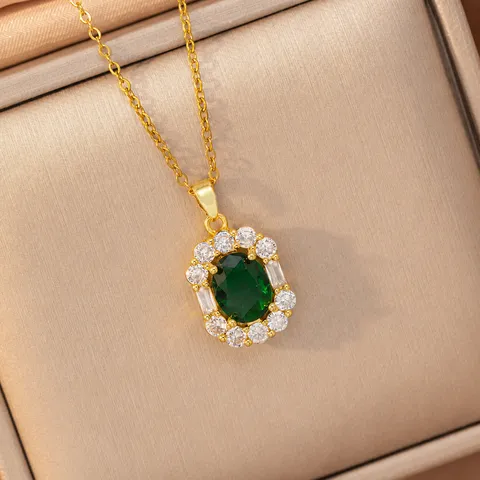 Parure de Bijoux en Acier Titane Zirconia pour Femmes Collier Boucles d'Oreilles Bague Vert Émeraude Rose Violet Ovale Géométrique Or Argent