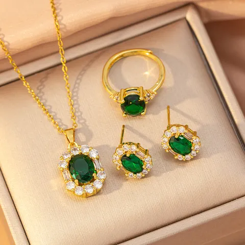 Parure de Bijoux en Acier Titane Zirconia pour Femmes Collier Boucles d'Oreilles Bague Vert Émeraude Rose Violet Ovale Géométrique Or Argent