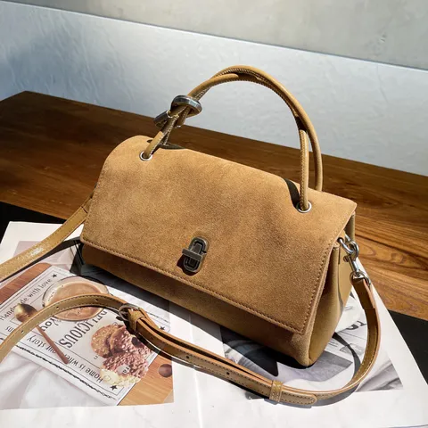 Vintage Genuine Leather Nubuck Suede Crossbody Bag For Women Luxury Small Square Twist Lock Handbag Commuting Shoulder Bag