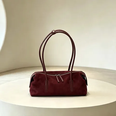 Retro Genuine Leather Frosted Top Layer Cowhide Bowling Bag For Women Commuter Underarm Shoulder Bag Vintage Handbag