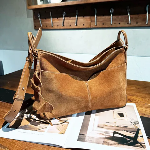 Vintage Suede Frosted Top-Layer Cowhide Tote Bag Women Retro Underarm Shoulder Bag Genuine Leather Crossbody Tassel Handbag