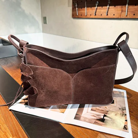 Vintage Suede Frosted Top-Layer Cowhide Tote Bag Women Retro Underarm Shoulder Bag Genuine Leather Crossbody Tassel Handbag