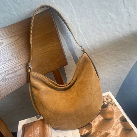 Women Retro Suede Leather Crossbody Bag Vintage Nubuck Cowhide Crescent Shoulder Bag Commute Solid Color Satchel Handbag