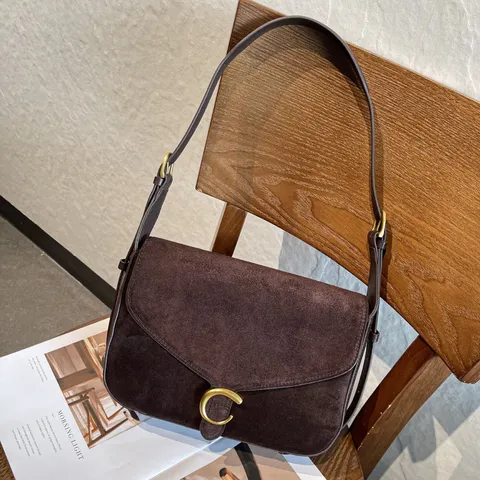 Retro Genuine Leather Saddle Bag For Women Frosted Suede Top Layer Cowhide Flap Shoulder Bag Crossbody Commuter Handbag