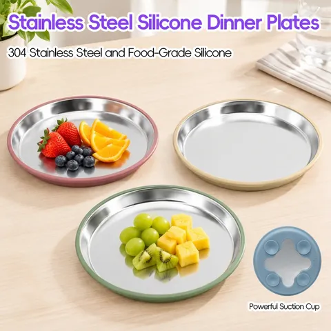 Piatto a Ventosa per Bambini in Acciaio Inossidabile 304 Piatto per Alimentazione in Silicone Anti-caduta per Bambini Stoviglie Rotonde Durevoli