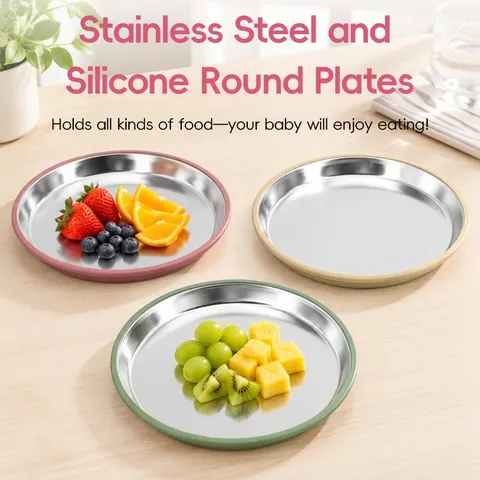 Piatto a Ventosa per Bambini in Acciaio Inossidabile 304 Piatto per Alimentazione in Silicone Anti-caduta per Bambini Stoviglie Rotonde Durevoli