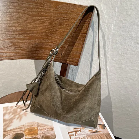 Women Vintage Suede Real Leather Shoulder Bag Large Capacity Crossbody Tote Bag Underarm Hobo Bag For Daily Commuter Lady