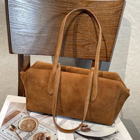 Women Genuine Leather Suede Bowling Bag Vintage Suede Tote Commuting Underarm Shoulder Bag With Large Capacity Handbag Gift
