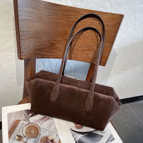 Women Genuine Leather Suede Bowling Bag Vintage Suede Tote Commuting Underarm Shoulder Bag With Large Capacity Handbag Gift
