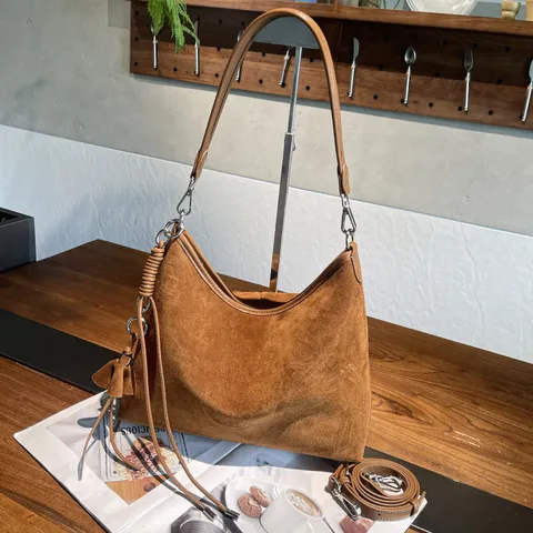 Retro Genuine Leather Suede Hobo Bag For Women Vintage Matte Cowhide Shoulder Bag Commute Handbag Underarm Crossbody Bag