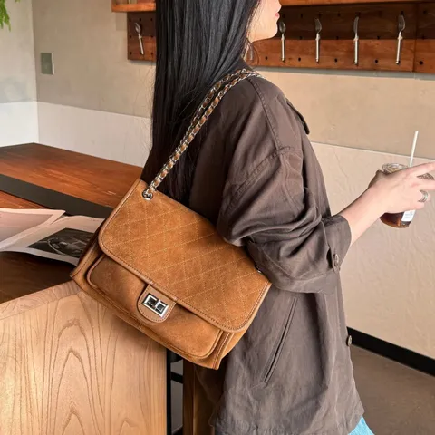 Vintage Quilted Genuine Leather Chain Crossbody Bag For Women Frosted Cowhide Shoulder Bag Large Capacity Handbag Daily Tote