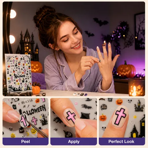Halloween Embossed Nail Art Stickers PET Plastic Stereo Pumpkin Ghost Black Cat Mummy Decals For Women Holiday Party Decor