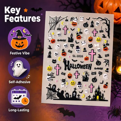 Halloween Embossed Nail Art Stickers PET Plastic Stereo Pumpkin Ghost Black Cat Mummy Decals For Women Holiday Party Decor