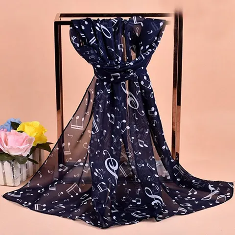 Women Music Note Print Chiffon Scarf Lightweight Musical Symbol Long Neck Wrap Soft Polyester Scarf Fashion Scarf Accessory