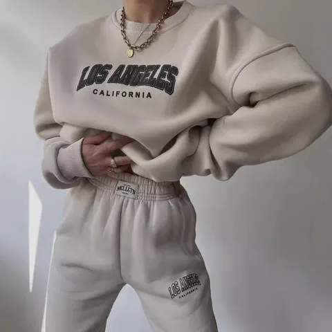 Women's Fleece Hoodie And Joggers Tracksuit Set Thickened Printed Top And Bottom For Casual Autumn Winter Warm Streetwear