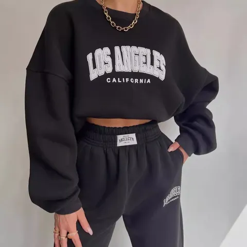 Women's Fleece Hoodie And Joggers Tracksuit Set Thickened Printed Top And Bottom For Casual Autumn Winter Warm Streetwear