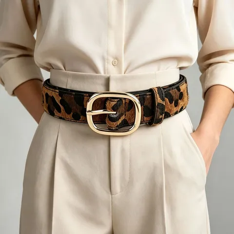 Vintage Leopard Print Belt For Women PU Leather Faux Horse Hair Animal Pattern Alloy Pin Buckle Dress Waist Belt Fashion Accessory