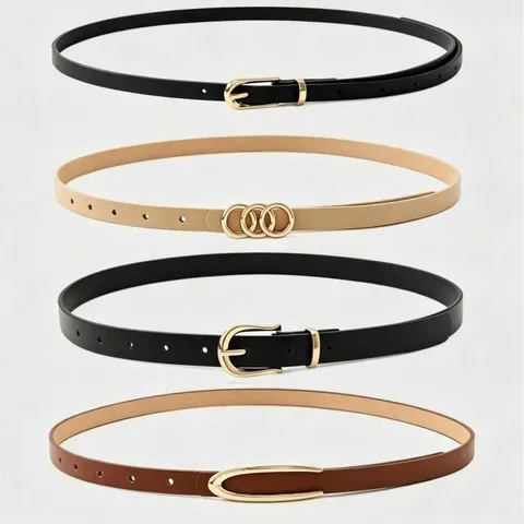 Women Slim PU Leather Belt Alloy Pin Buckle Thin Waist Belt For Dresses Fashion Versatile Solid Color Decorative Waistband