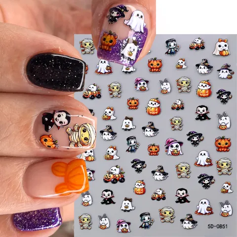 Halloween 5D Embossed Nail Stickers Cute Cartoon Ghost Pumpkin Bat Witch Skeleton DIY Self-Adhesive Nail Art Decals PET Material Decor