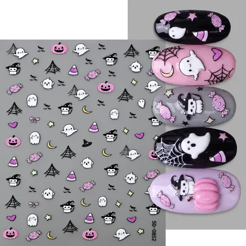 Halloween 5D Embossed Nail Stickers Cute Cartoon Ghost Pumpkin Bat Witch Skeleton DIY Self-Adhesive Nail Art Decals PET Material Decor