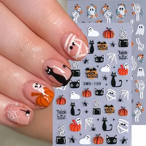 Halloween Lindo Fantasma Calabaza 3D Relieve Uñas Pegatinas Dibujos Animados Telaraña Esqueleto DIY Nail Art Calcomanías Para Decoración Manicura