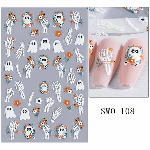 Halloween Lindo Fantasma Calabaza 3D Relieve Uñas Pegatinas Dibujos Animados Telaraña Esqueleto DIY Nail Art Calcomanías Para Decoración Manicura