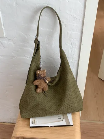 Bolso Tote Retro de PU Tejido para Mujer Gran Capacidad Urbano Simple Bolso de Hombro Axilar Bolso de Mano de Cubo Versátil Diario