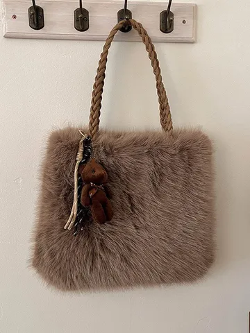 Bolso Tote de Peluche de Gran Capacidad para Mujer Bolso de Hombro de Piel Sintética Con Colgante de Oso Bolso de Axila Informal Suave para Otoño Invierno