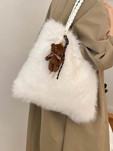 Bolso Tote de Peluche de Gran Capacidad para Mujer Bolso de Hombro de Piel Sintética Con Colgante de Oso Bolso de Axila Informal Suave para Otoño Invierno