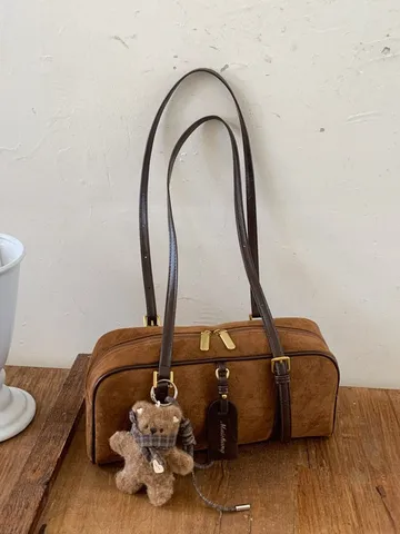 Vintage Suede PU Leather Bowling Bag Fashion Large Capacity Underarm Shoulder Bag With Plush Bear Pendant Daily Commuter Handbag