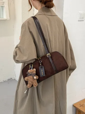Vintage Suede PU Leather Bowling Bag Fashion Large Capacity Underarm Shoulder Bag With Plush Bear Pendant Daily Commuter Handbag
