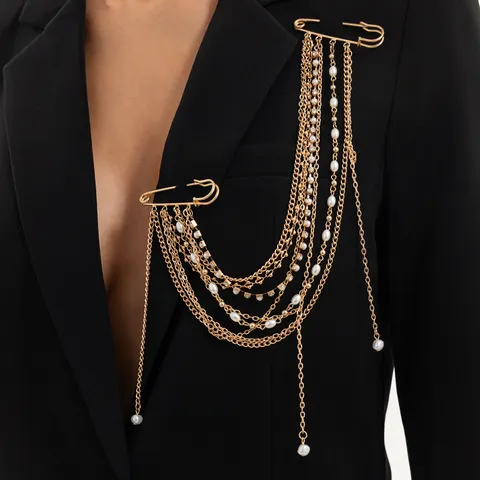 Broche Tassel Chaîne Multicouche Géométrique Mode Élégante Épingle à Vêtements en Perle Artificielle pour Femmes Accessoires de Fête de Banquet
