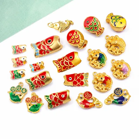 DIY Jewelry Accessories Alloy Enamel Koi Fish Fortune Character Large Hole Charms For Bracelet Necklace Stringing Handicrafts