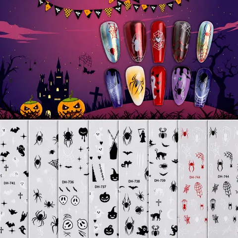 Halloween Nail Art Stickers Self Adhesive Decals Spider Web Ghost Skull Bat Dark Gothic DIY Manicure Decoration For Women