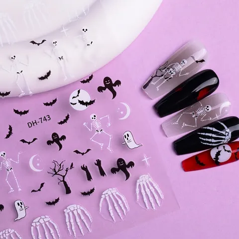 Halloween Nail Art Stickers Self Adhesive Decals Spider Web Ghost Skull Bat Dark Gothic DIY Manicure Decoration For Women