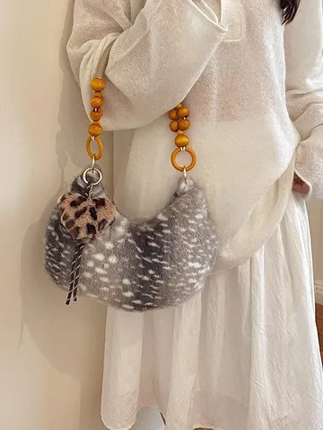 Vintage Kunstpelz Unterarmtasche Für Damen Gepunktetes Hirschmuster Umhängetasche Mit Holzperlen-Griff Trendy Plüsch Handtasche Handytasche