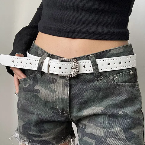 Ceinture pour Femmes Y2K en Cuir PU Avec Boucle Carrée en Strass Cœur Ajouré Mode High Street Spice Girl Rose Blanc
