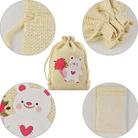Sacs Cadeaux en Lin à Cordon Saint-Valentin Motif Cœur Articles de Fête Décoration de Mariage Pochettes en Jute