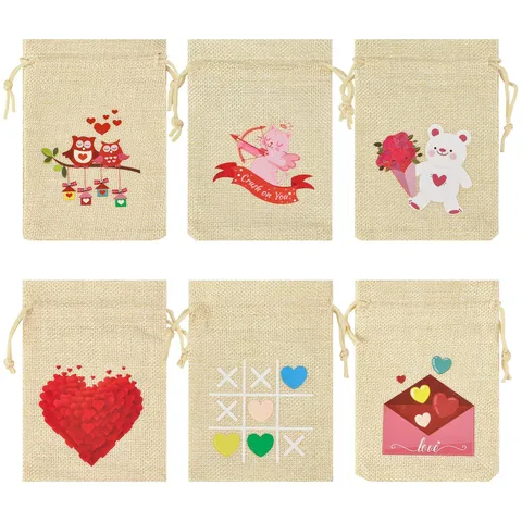Sacs Cadeaux en Lin à Cordon Saint-Valentin Motif Cœur Articles de Fête Décoration de Mariage Pochettes en Jute