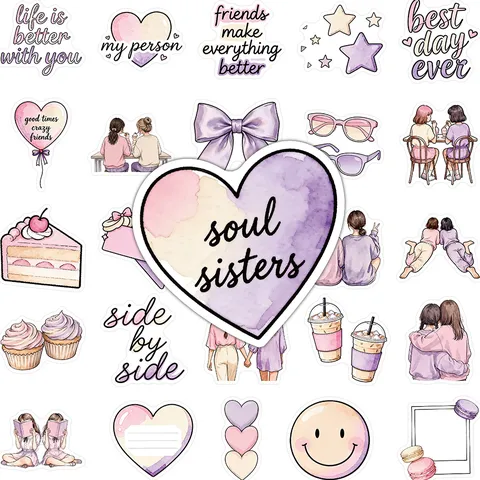 Waterproof Scrapbooking Stickers Best Friends Theme Pink Purple Aesthetic Cartoon Decals For Journal Laptop Phone Case Water Bottle DIY Decoration