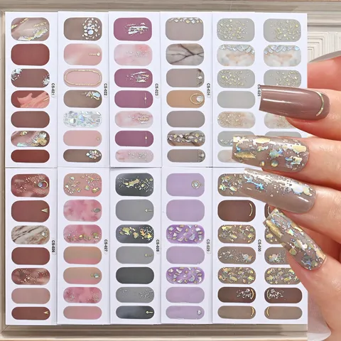 Marble Texture Nail Art Stickers Waterproof Long Lasting Adhesive Nail Wraps Rhinestone Gold Foil Faux Nail Polish Decals For Women