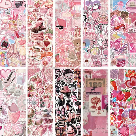 50PCS Pink Cartoon Aesthetic Stickers For Laptop Phone Water Bottle Waterproof PVC Cute DIY Decorative Stickers Set For Scrapbook Stationery