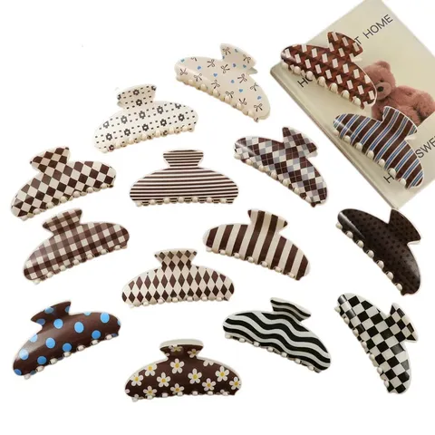 Grande Fermaglio per Capelli in ABS Retro Coreano Pois Scacchiera Clip a Squalo Elegante Accessorio per Capelli Donna Styling