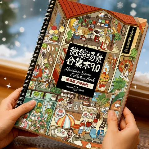 Miniature Scene Sticker Collection Book Cute Cartoon 3D House Scrapbooking DIY Materials Spiral Bound PET Sticker Book For Kids Students Hobbyists