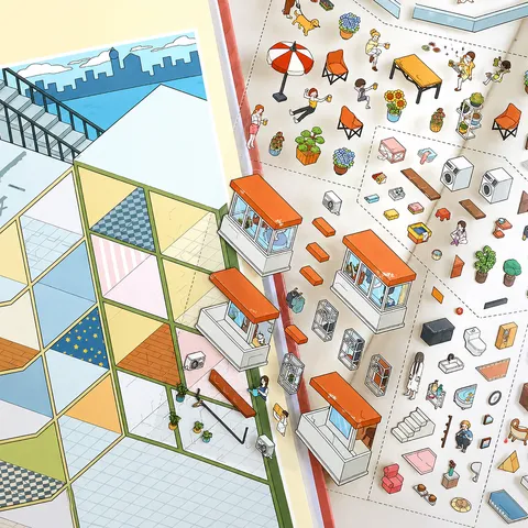 Miniature Scene Sticker Collection Book Cute Cartoon 3D House Scrapbooking DIY Materials Spiral Bound PET Sticker Book For Kids Students Hobbyists