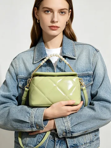 Bolso de Hombro de Cuero de Vaca Acolchado de Diamantes Asa de Cadena de Perlas Bolso de Bandoliera Cuadrado Moda Mujer